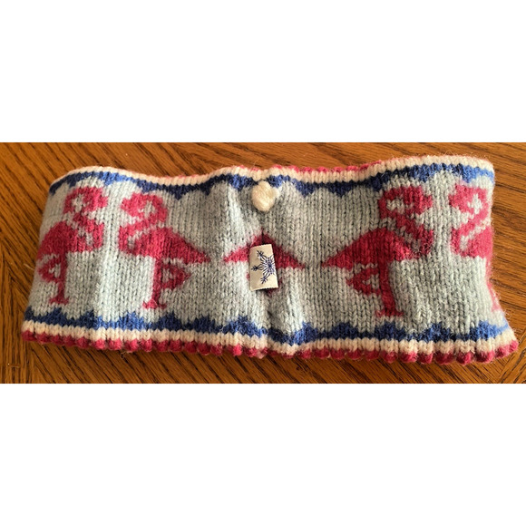 Vintage Sarita Wool Knitted Headband Flamingo Pattern Pink Blue White 80s Ski - Picture 5 of 10
